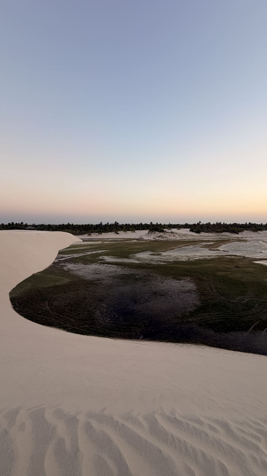 Vista do alto da duna da Barrinha no fim da tarde, com a lagoa e a vegetação lá embaixo